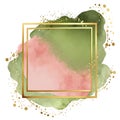 Colorful watercolor splash blot splatter stain with gold glitters and gold frames. Pink green watercolor background. Abstract Royalty Free Stock Photo