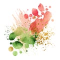 Colorful watercolor splash blot splatter stain with gold glitters. Green red pink watercolor brush strokes. Beautiful trendy Royalty Free Stock Photo