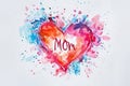 Colorful watercolor splash forming 'Mom' heart, great for personalized stationery and loving tributes