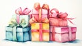 Colorful Watercolor Stack of Wrapped Christmas Presents with Ribbon Bows on White Background AI Generated