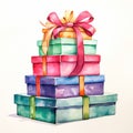 Colorful Watercolor Stack of Wrapped Christmas Presents with Ribbon Bows on White Background AI Generated