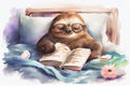 Watercolor illustration of cute sleepy sloth wearing glasses, reading in bed