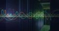 Colorful waveforms image over server racks in data center