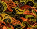 Colorful waves, curls connect and intersect with each other on a black background. Abstract handmade background.