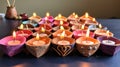 Colorful wax candles in a row on dark background. Aromatherapy concept. Generative AI