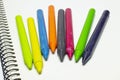 Colorful wax pencil lying in the blank albom page, macro shot with selective focus Royalty Free Stock Photo