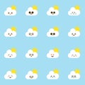 Colorful weather forecast icons. Funny cartoon lightning and clouds. Adorable faces with various emotions. Flat vector for mobile