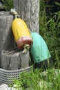 Colorful weathered buoys hnaging off of old dock pilings