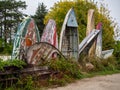 Colorful and weathered wooden boats standing next to each other near a beach in New England, USA Royalty Free Stock Photo