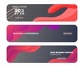 Colorful web banner with push button and dark background. Collection of horizontal promotional banners with abstract fluid shapes