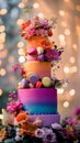 Colorful wedding cake with flowers and macarons with bokeh Royalty Free Stock Photo