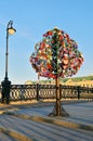 Colorful wedding padlocks on a metal tree Royalty Free Stock Photo