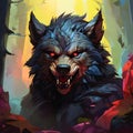 Colorful werewolf head with colorful forest theme surrounded by a trees