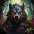 Colorful werewolf head with colorful forest theme surrounded by a trees