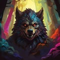 Colorful werewolf head with colorful forest theme surrounded by a trees