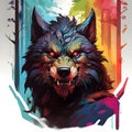 Colorful werewolf head with colorful forest theme surrounded by a trees