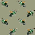 Colorful wheelbarrows filled with flowers on a simple background create a cheerful pattern Royalty Free Stock Photo