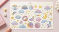Colorful and Whimsical Decorative Stickers Featuring Moon, Stars, and Clouds for Craft Projects Royalty Free Stock Photo