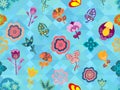 Colorful whimsical floral pattern tile over seamless blue geometric texture