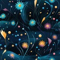 Colorful whimsical flower pattern on a dark background (tiled)