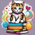 A colorful, whimsical illustration of a cat perched on a stack of books surrounded by hearts Royalty Free Stock Photo