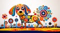 Colorful whimsical illustration of a patterned dog in a vibrant abstract landscape with stylized flowers.