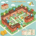 Colorful, whimsical map of a school campus, featuring cartoon-style buildings and