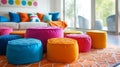 Colorful, whimsical poufs add a fun and functional element to a modern children's room