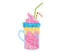 Colorful whipped cream milkshake with sprinkles and straws. Overloaded dessert drink vector illustration