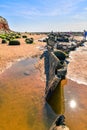 Colorful white-red cliffs in Hunstanton UK,boat wreck Royalty Free Stock Photo