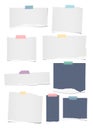 Colorful and white ripped lined, blank note, notebook paper strips, sheets, beige adhesive, sticky tape for text or Royalty Free Stock Photo