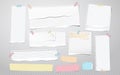 Colorful and white ripped lined notebook paper, torn note paper strips stuck on squared background. Vector illustration