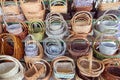 Colorful wicker baskets stand in the marketplace Royalty Free Stock Photo