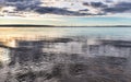 Colorful wide view of Penobscot Bay in Maine as dawn is breaking