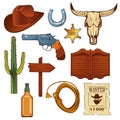 Colorful wild west elements set. Bull skull, cowboy hat, lasso, bottle of whiskey and other