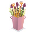 Colorful wildflowers in a pink vase, stylized floral arrangement. Exotic flowers, home decor vector illustration