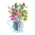 Colorful wildflowers in transparent teacup. Vibrant floral arrangement with diverse foliage. Bouquet of wild flora decor Royalty Free Stock Photo