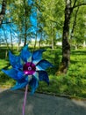 Colorful wind spinner toy in front of trees. Pinwheel in motion. Ecological kids` toy