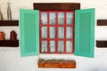 Colorful window open with white thin fabric curtain. Royalty Free Stock Photo