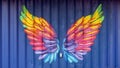 Colorful wings painted on a blue corrugated steel outside wall in Dallas, Texas.