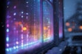 Colorful Winter Lights Reflected Through a Window During Snowfall, Creating a Warm and Festive Atmosphere in a Cozy Environment Royalty Free Stock Photo
