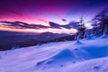 Colorful winter morning in the mountains. Dramatic overcast sky.View of snow-covered conifer trees at sunrise. Merry Christmas's Royalty Free Stock Photo