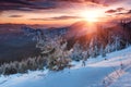 Colorful winter morning in the mountains. Dramatic overcast sky.View of snow-covered conifer trees at sunrise. Merry Christmas's