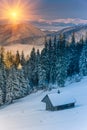 Colorful winter morning in the mountains at sunrise. Royalty Free Stock Photo