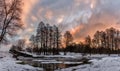 Colorful winter sunrise in Kuzminki in Moscow at sunrise Royalty Free Stock Photo