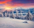 Colorful winter sunrise in the mountains.