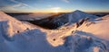 Colorful winter sunrise in mountains, panorama in Slovakia.