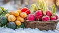 Colorful winter vegetables in snow-covered basket during sunset Royalty Free Stock Photo