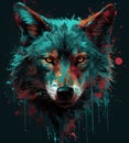 Colorful Wolf Head on Dark Aquamarine and Red Night Background for Posters and Web.