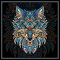 Colorful wolf head mandala arts isolated on black background